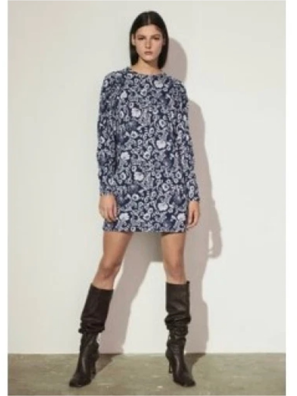 Zara Navy and White Floral Mini Shift Dress Tunic M